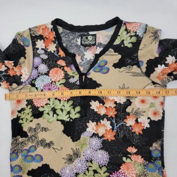 LUCKY BRAND Womens MEDIUM Thermal Shirt Asian Boho Retro Vintage Hippie Flower - Picture 9 of 14